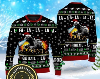 Christmas Funny Godzilla Ugly Sweater, Shark Christmas Sweater, Godzilla Fa La La La Ugly Christmas Sweater, Godzilla Sweater