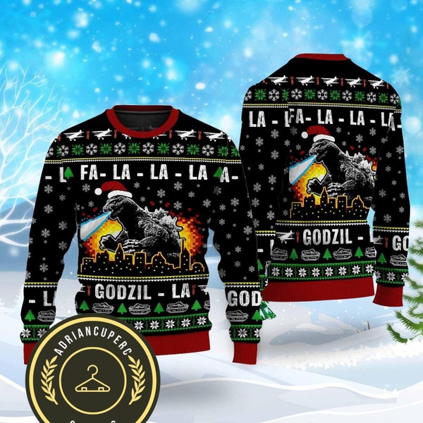 Christmas Funny Godzilla Ugly Sweater, Shark Christmas Sweater, Godzilla Fa La La La Ugly Christmas Sweater, Godzilla Sweater