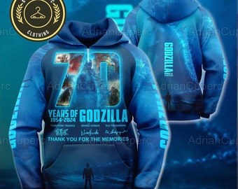 Chemise Godzilla, 70 ans de 1954-2024 Godzilla Merci pour les souvenirs 3D sweat à capuche unisexe, sweat à capuche zippé Godzilla, cadeau pour les fans de Godzilla