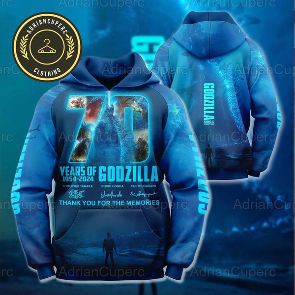 Godzilla Shirt, 70 Jahre 1954-2024 Godzilla Danke für die Erinnerungen 3D Unisex Hoodie, Godzilla Zip Hoodie, Godzilla Fans Geschenk
