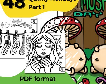 Quirky Holidays Coloring Pages Part 1: 48 Bold & Easy PDF Printables (Digital Download)