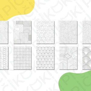 May include: Set of ten printable coloring pages featuring geometric patterns. Each page has a different design, including lines, squares, circles, and triangles.