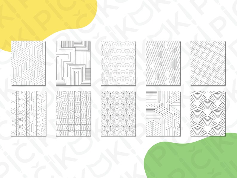 May include: Set of ten printable coloring pages featuring geometric patterns. Each page has a different design, including lines, squares, circles, and triangles.