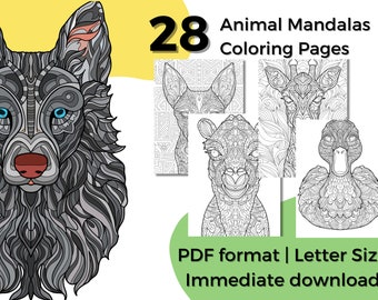 Animal Mandalas Coloring Pages: 28 Letter Size Designs (PDF Downloads)