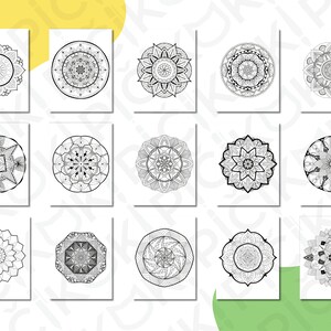 May include: Set of 18 black and white mandala designs. Each mandala is a circular pattern with intricate details. The mandalas are perfect for coloring or using as inspiration for crafts.