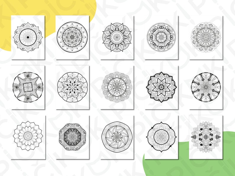 May include: Set of 18 black and white mandala designs. Each mandala is a circular pattern with intricate details. The mandalas are perfect for coloring or using as inspiration for crafts.