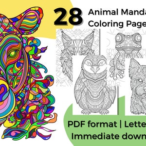 May include: 28 Animal Mandalas Coloring Pages in PDF format, Letter Size, immediate download. The cover image shows a colorful mandala design of a tiger's face.