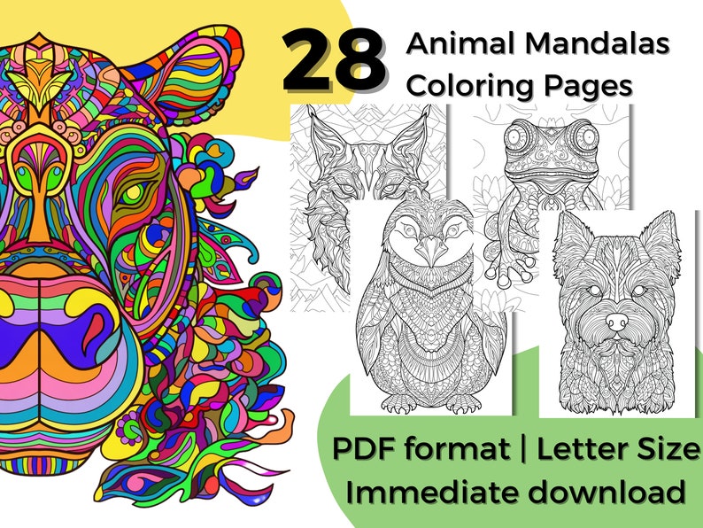 May include: 28 Animal Mandalas Coloring Pages in PDF format, Letter Size, immediate download. The cover image shows a colorful mandala design of a tiger's face.