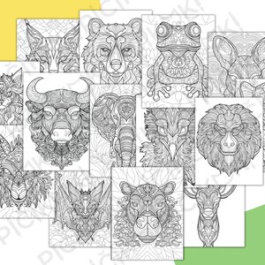 May include: A set of 14 black and white coloring pages featuring intricate animal illustrations. The animals include a cat, bull, elephant, frog, eagle, lion, deer, bat, fox, bear, and more.
