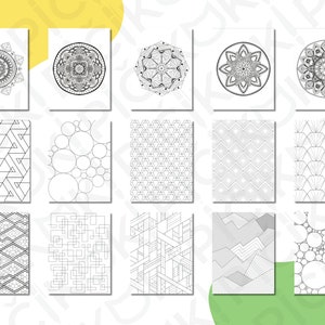May include: A set of 15 black and white coloring pages featuring intricate geometric patterns and mandalas. The designs include circles, triangles, squares, and other shapes.