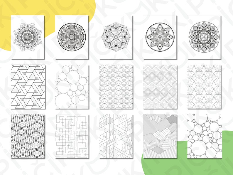 May include: A set of 15 black and white coloring pages featuring intricate geometric patterns and mandalas. The designs include circles, triangles, squares, and other shapes.