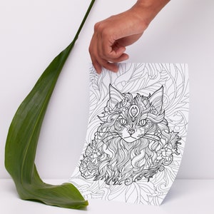 May include: A black and white line drawing of a cat's head with intricate details. The cat has a third eye on its forehead and is surrounded by floral patterns.