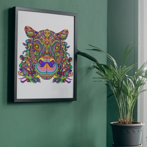 May include: A framed print of a colorful, psychedelic animal head with intricate details. The animal has a long snout and large eyes. The background is white.