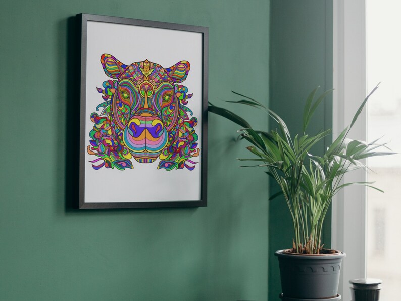 May include: A framed print of a colorful, psychedelic animal head with intricate details. The animal has a long snout and large eyes. The background is white.