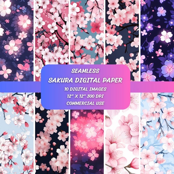 Sakura Cherry Blossom Digital Paper, Japanese Flower Pattern, Seamless Watercolor, Printable Scrapbook Paper, PNG, Commercial Use