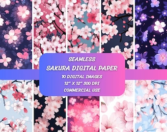 Papel digital Sakura con diseño de flor de cerezo, estampado floral japonés, acuarela sin costuras, papel imprimible para álbumes de recortes, PNG, uso comercial.