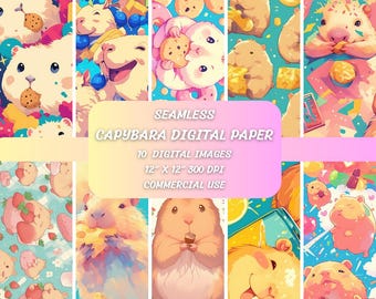 Capybara Foodie Seamless Patterns | Kawaii Digital Paper | 10 Capybara Backgrounds | 12x12” 300 DPI | Scrapbook, Sublimation, Commercial Use