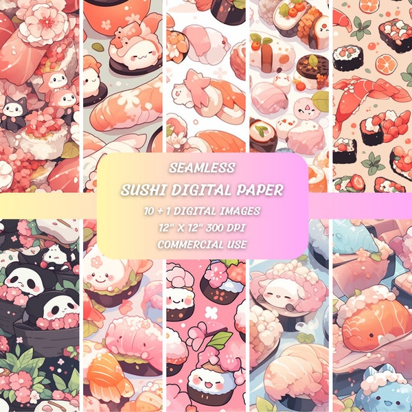 Cute Sushi Sakura Digital Paper, Japanese Sushi Pattern, Seamless, Printable Scrapbook Paper, PNG, Commercial Use