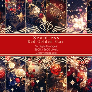Red Golden Star Backgrounds, Starry Night Pattern, Rose Seamless digital paper, PNG, Instant Download for Commercial Use