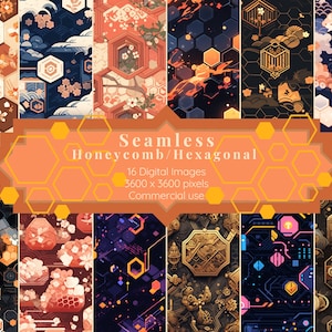 Puede incluir: Una colección de 16 patrones digitales sin costuras que presentan diseños de panal y hexagonales. Los patrones son de varios colores y estilos, incluyendo geométrico, floral y abstracto. El texto "Seamless Honeycomb/Hexagonal 16 Digital Images 3600 x 3600 pixels Commercial use" se muestra en el centro de la imagen.