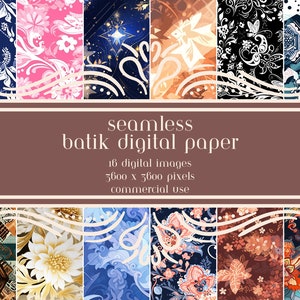May include: A set of 16 seamless digital papers featuring batik patterns in various colors and designs. The patterns include floral, geometric, and abstract designs. The text "seamless batik digital paper" is displayed in the center of the image. The text "16 digital images 3600 x 3600 pixels commercial use" is displayed below the title.