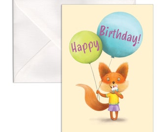 Une carte postale joyeux anniversaire foxy (A6, enveloppe incluse). Joli petit renard joyeux anniversaire savourant un délicieux petit gâteau.