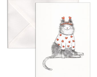 Carte postale avec un joli chat (format A6, plié), enveloppe incluse. Pour la Saint-Valentin ou juste pour dire bonjour !