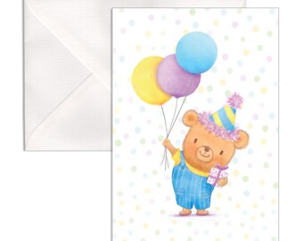 Carte postale de joyeux anniversaire avec un mignon petit ours. Pour les enfants et les adultes qui fêtent leur anniversaire ! (A6, avec enveloppe)