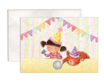 Carte postale de joyeux anniversaire avec une petite fille et un chat mignons. Pour les enfants qui fêtent leur anniversaire (A6, enveloppe incluse).