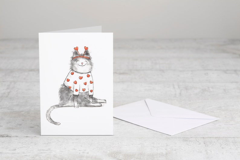 Carte postale avec un joli chat format A6, plié, enveloppe incluse. Pour la Saint-Valentin ou juste pour dire bonjour image 2