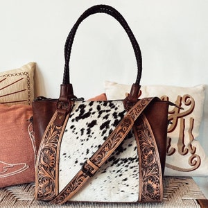 Western Purse, Cowhide Purse, Western Tote Bag, Hand Tooled Leather Purse, Genuine Cowhide Leather Purse, Concealed Carry Purse