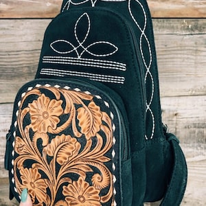 Black Suede Buckstitch Backpack - Black sling Bag,Leather Sling Bag Women, Leather Sling Backpack Purse, Leather Backpack, Western Purse