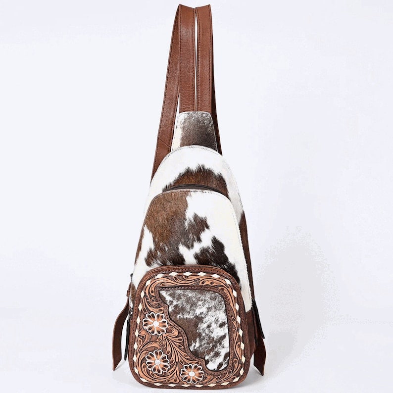 Cowhide Sling Bag, Hand Tooled Leather Backpack Purse  display picture 3