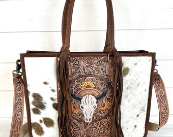 Hand punziert Leder Kuhfell Western Geldbörse, Fransen, Crossbody