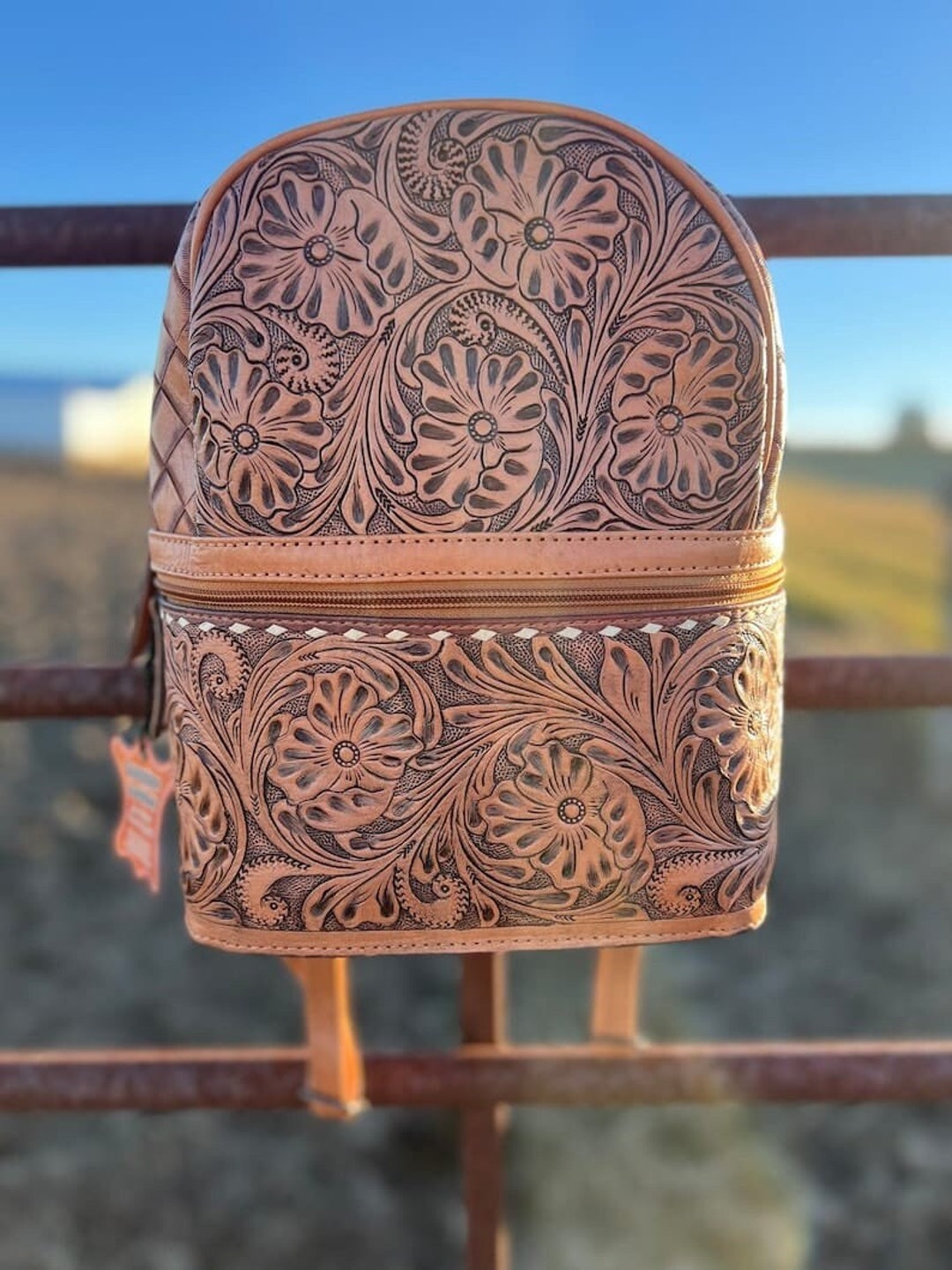 Hand Tooled Leather Backpack, Cowhide Accent, Western Aztec  display picture 2
