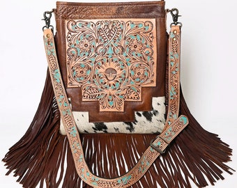 Hand Tooled Leather Cowhide Fringe Crossbody Purse, American Darling