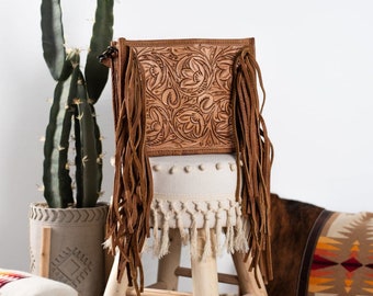 Hand Tooled Leather Western Purse, Floral Design, Fringe Crossbody