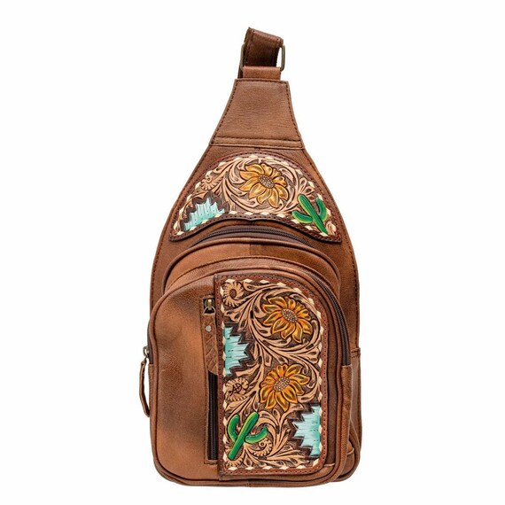 Hand Tooled Leather Sling Bag, Saddle Blanket Western Purse  display picture 2