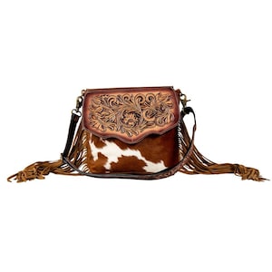 Western Hand Tooled Leather Purse, Leather Crossbody Purse, Genuine Cowhide Leather Purse, Western Style Handbag, Hair On Cowhide Purse