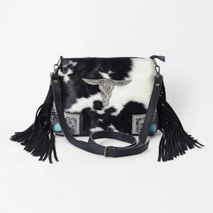 Western Purse, Hair On Cowhide Purse, Hand Tooled Leather Purse, Leather Crossbody Purse, Concealed Carry Purse, Leather Fringe