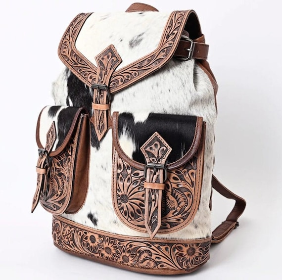 Hand Tooled Leather Cowhide Backpack, Western Purse - Etsy display picture 2