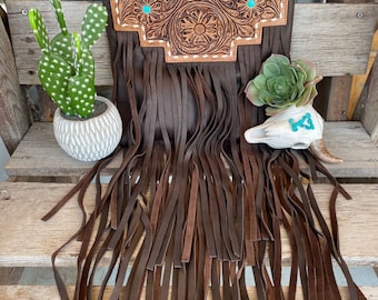 Hand Tooled Leather Crossbody Purse, Western Fringe Sunflower Bag
