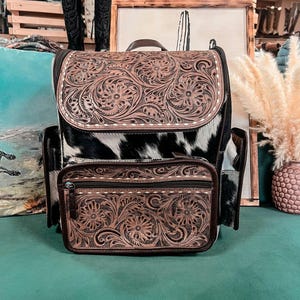 Tooled Leather & Cowhide Backpack, Western Style Floral Backpack