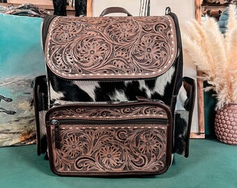 Tooled Leather Turquoise Checker & Cowhide Backpack  display picture 3