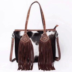 Western Purse, Hair On Cowhide Purse, Hand Tooled Leather Purse, Leather Crossbody Purse, Concealed Carry Purse, Leather Fringe