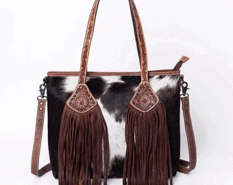 Hand Tooled Leather Crossbody Purse, Cowhide Fringe, Western Bag