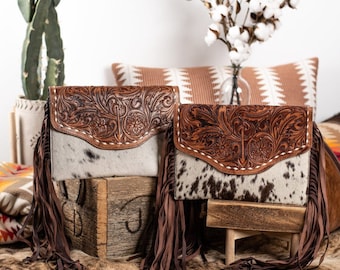 Hand Tooled Leather Cowhide Crossbody Purse, Western Fringe