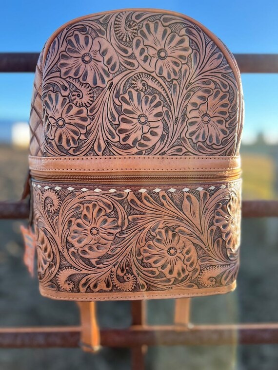 Hand Tooled Leather Backpack, Cowhide Accent, Western Aztec  display picture 2