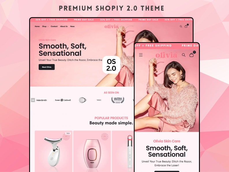 Puede incluir: Una visualizaci&oacute;n digital de un tema de sitio web titulado Olivia Skin Care, con un esquema de color rosa, men&uacute;s de navegaci&oacute;n y listados de productos de belleza. El dise&ntilde;o incluye una secci&oacute;n principal con texto, una imagen destacada y una vista m&oacute;vil.