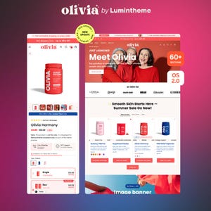 Puede incluir: Una vista previa digital de la plantilla de sitio web de comercio electr&oacute;nico Olivia by Lumintheme para Shopify OS 2.0. La pantalla muestra un dise&ntilde;o de p&aacute;gina de producto m&oacute;vil junto a una p&aacute;gina de inicio con listados de suplementos.